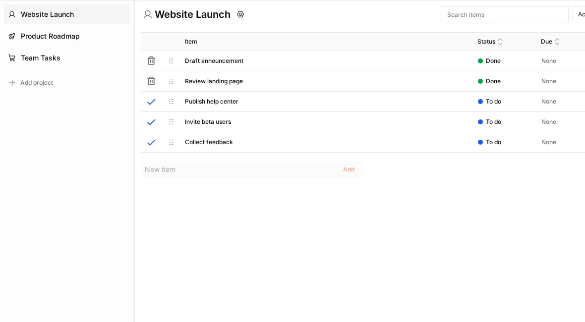 A LFG List workspace showing the project list, item grid, filters, and item toolbar.